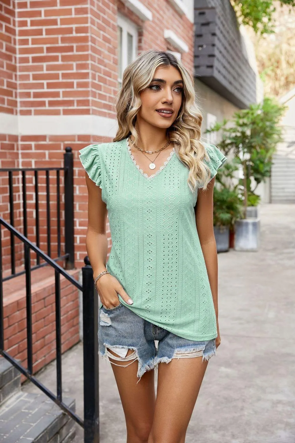 Hazel Blues® |  Eyelet Flutter Sleeve Scalloped V-Neck Top