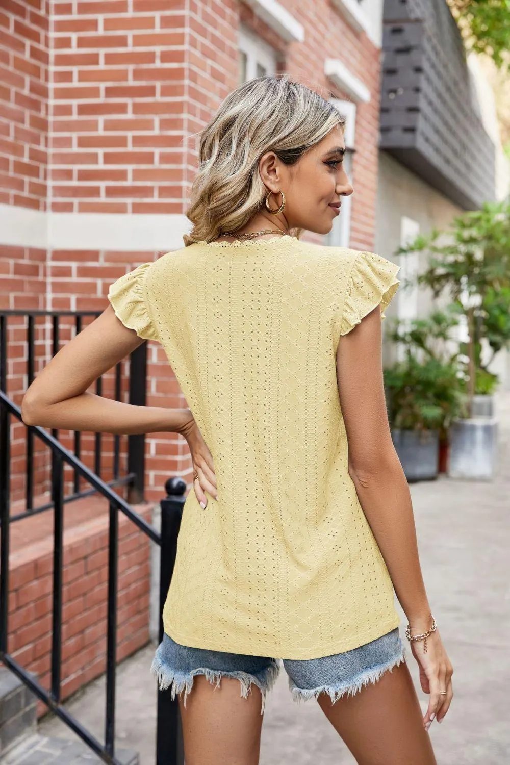 Hazel Blues® |  Eyelet Flutter Sleeve Scalloped V-Neck Top