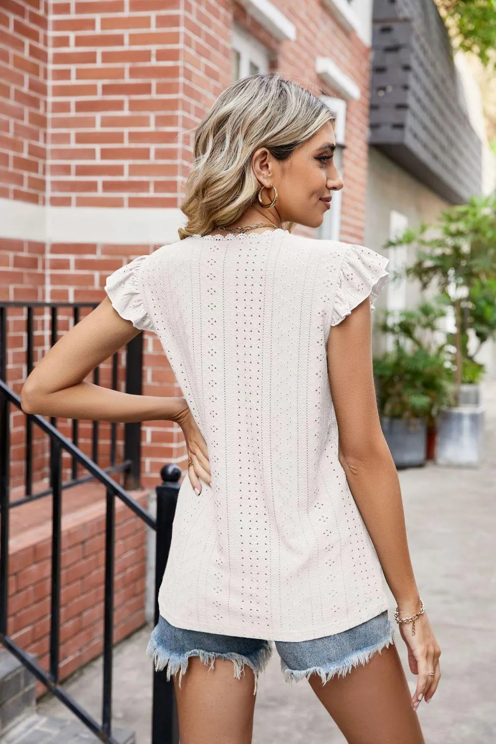 Hazel Blues® |  Eyelet Flutter Sleeve Scalloped V-Neck Top