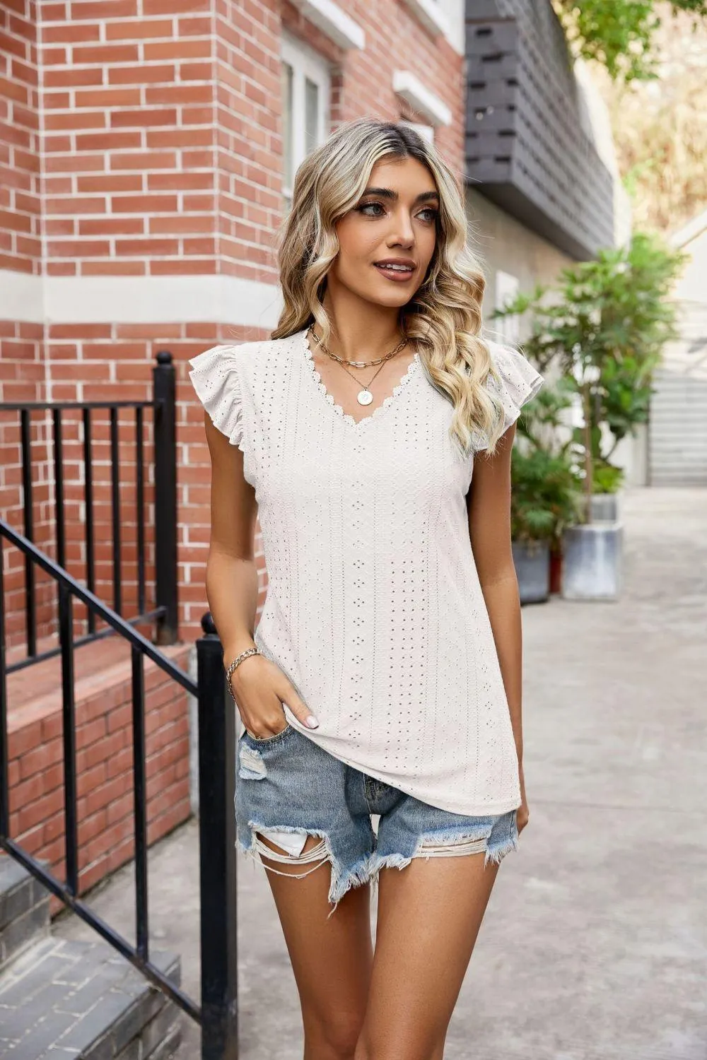 Hazel Blues® |  Eyelet Flutter Sleeve Scalloped V-Neck Top