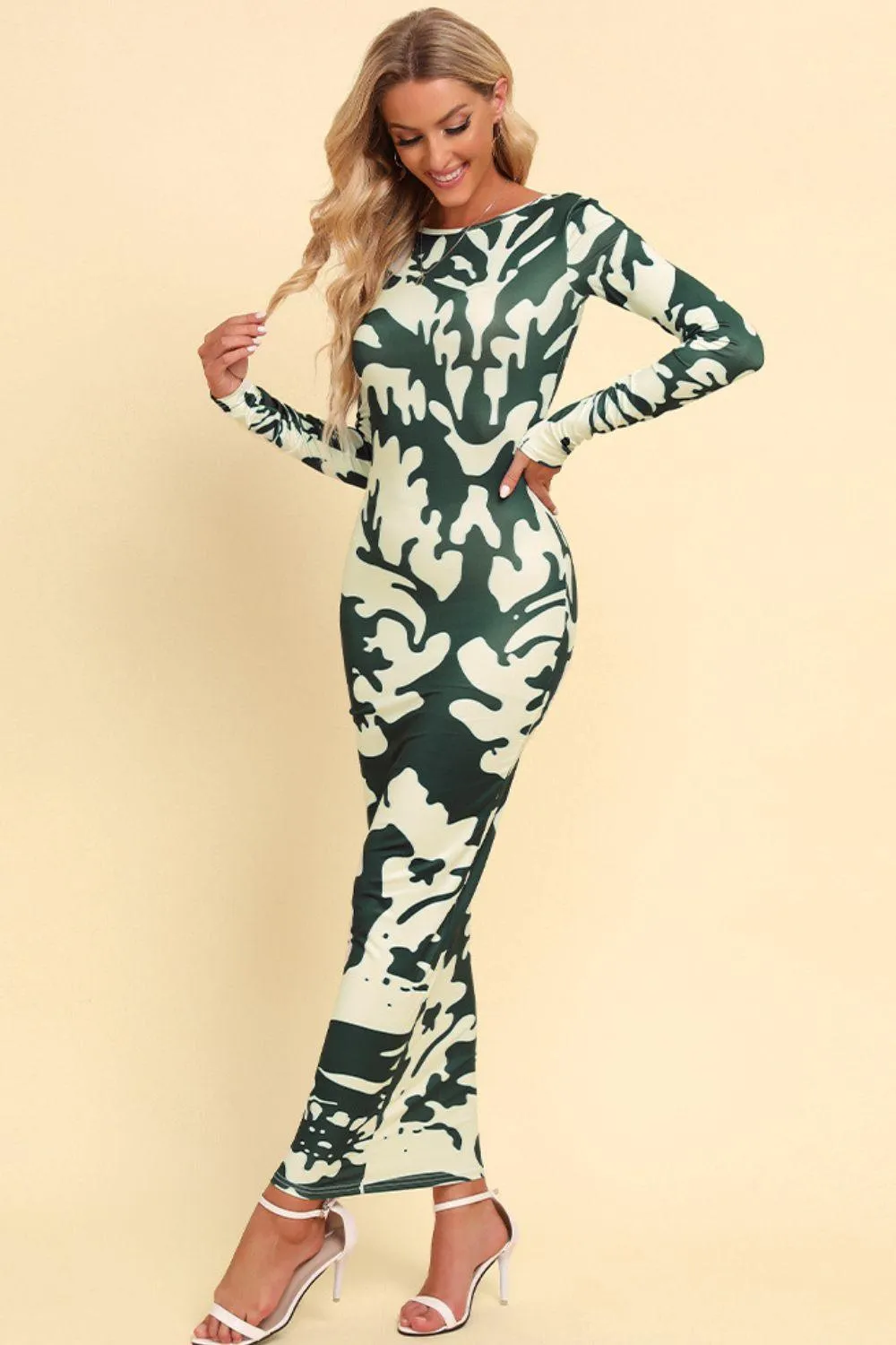 Hazel Blues® | Printed Backless Long Sleeve Maxi Dress