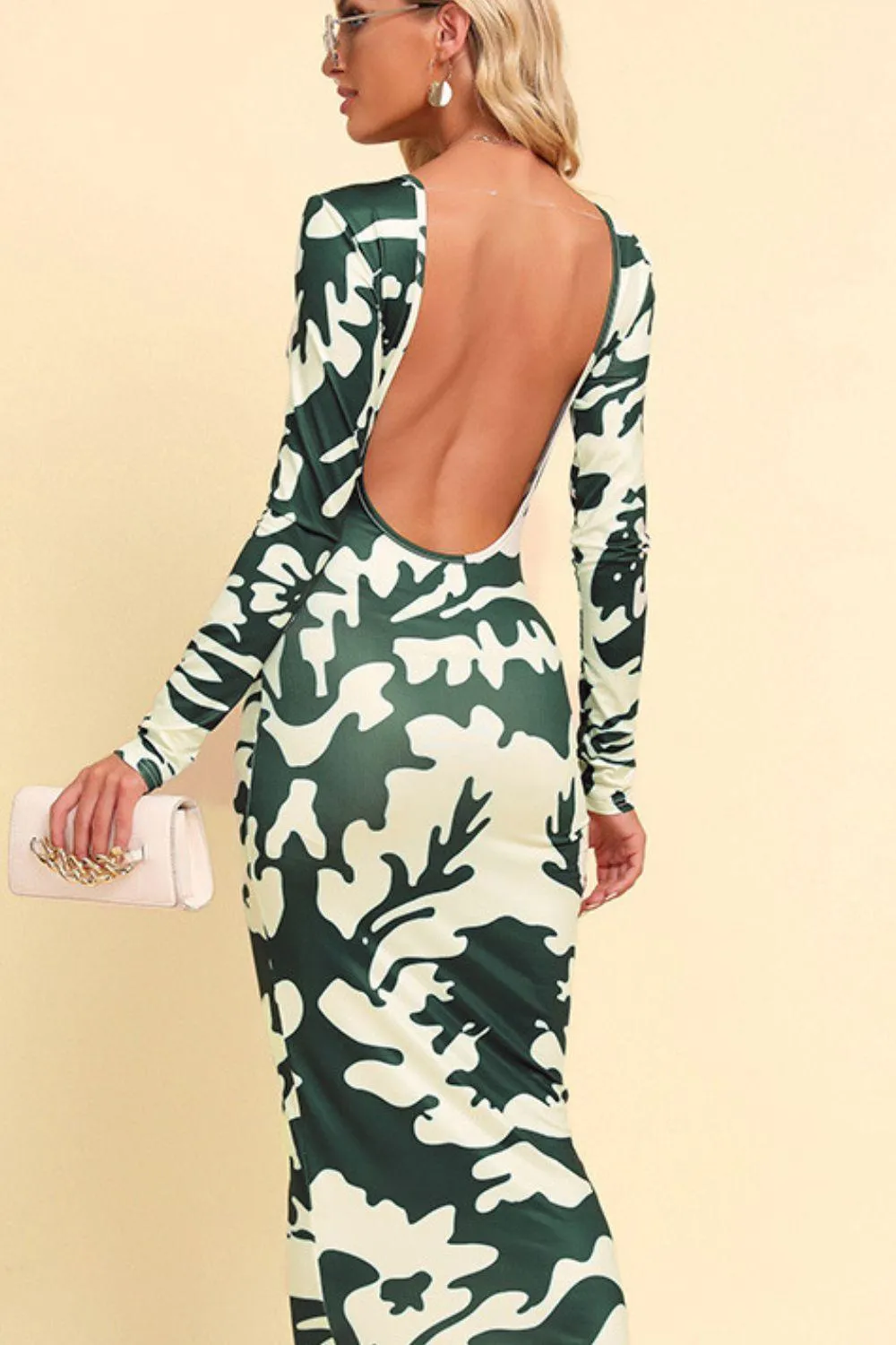 Hazel Blues® | Printed Backless Long Sleeve Maxi Dress