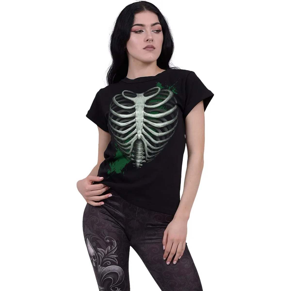 HEART RIBS - GLOW IN THE DARK - Boatneck Cap Sleeve Top Black