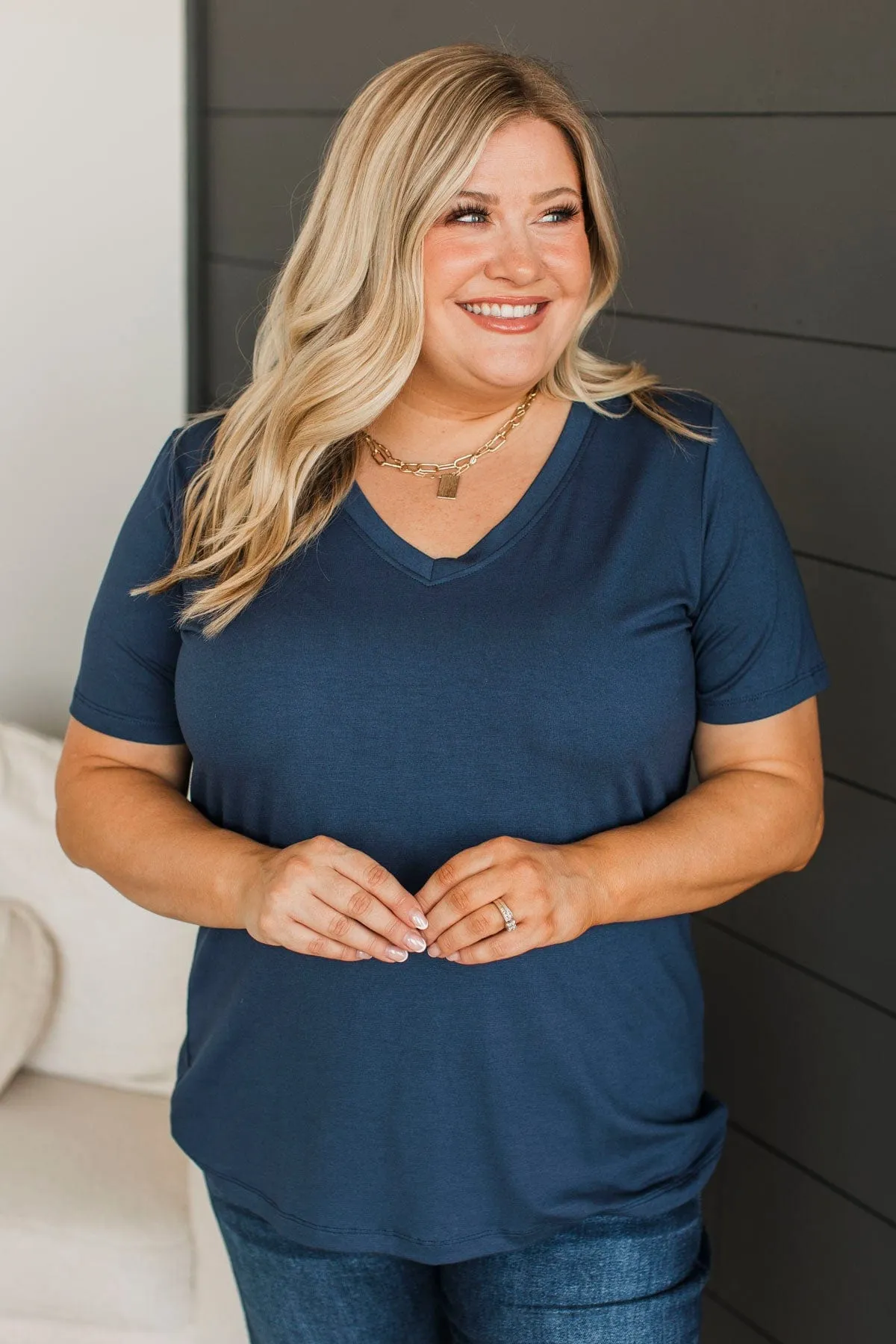 Hello Lovely V-Neck Top- Navy