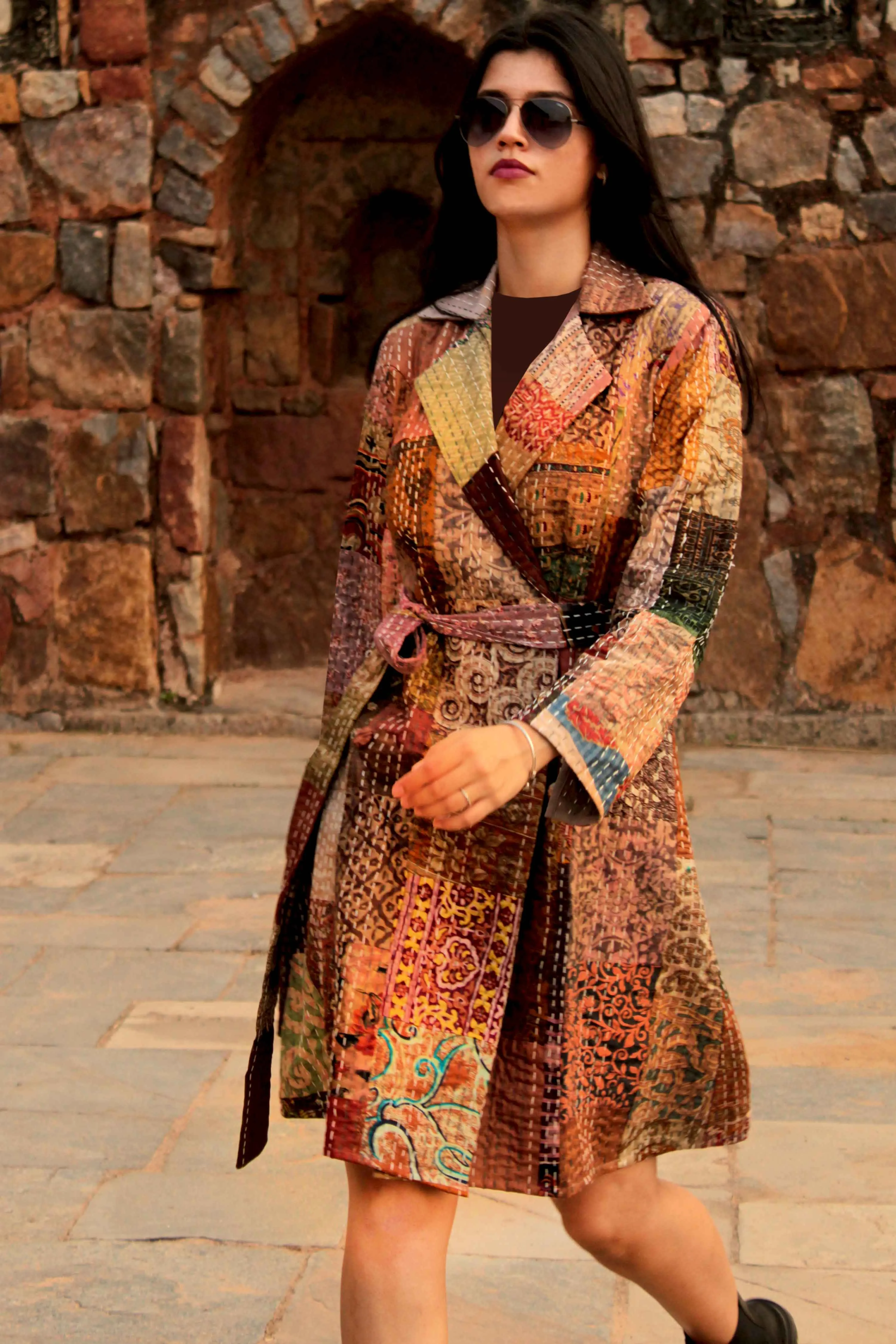 HENNESSY - BLISSFUL BEIGE PATOLA SILK PATCHWORK KANTHA TRENCH COAT
