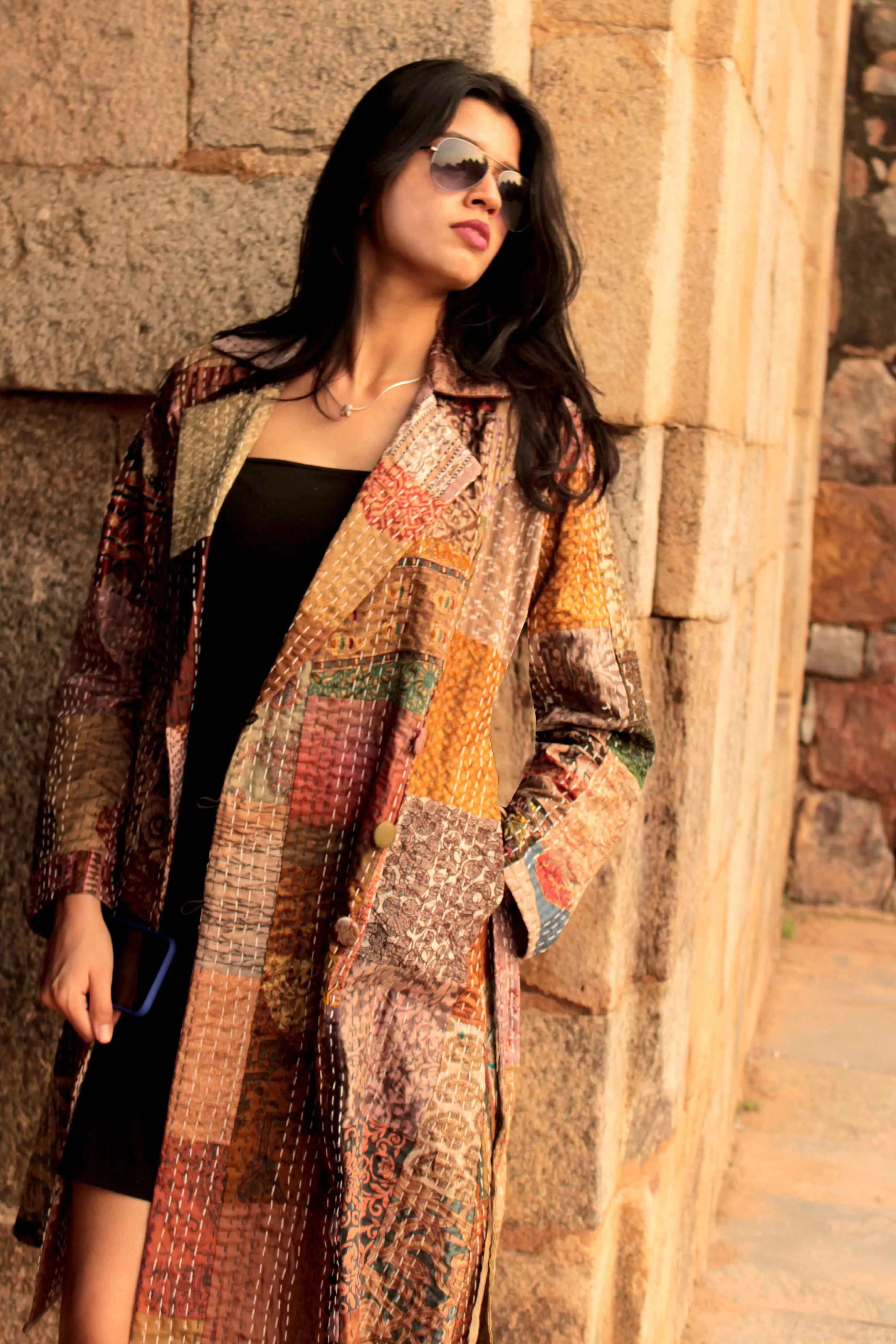 HENNESSY - BLISSFUL BEIGE PATOLA SILK PATCHWORK KANTHA TRENCH COAT
