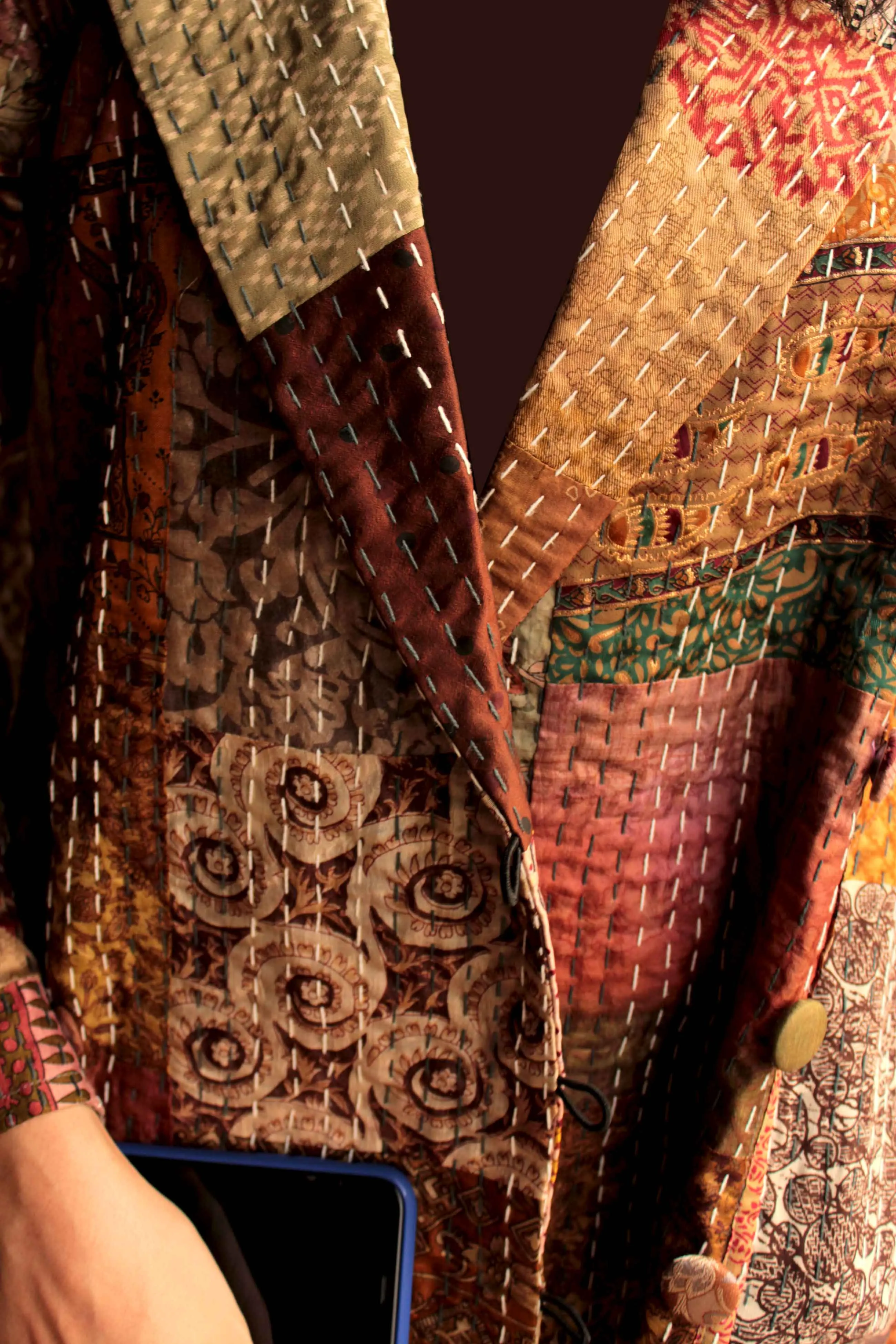 HENNESSY - BLISSFUL BEIGE PATOLA SILK PATCHWORK KANTHA TRENCH COAT