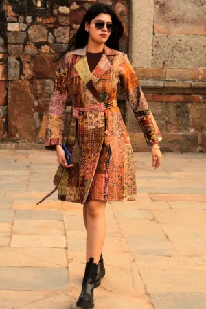 HENNESSY - BLISSFUL BEIGE PATOLA SILK PATCHWORK KANTHA TRENCH COAT