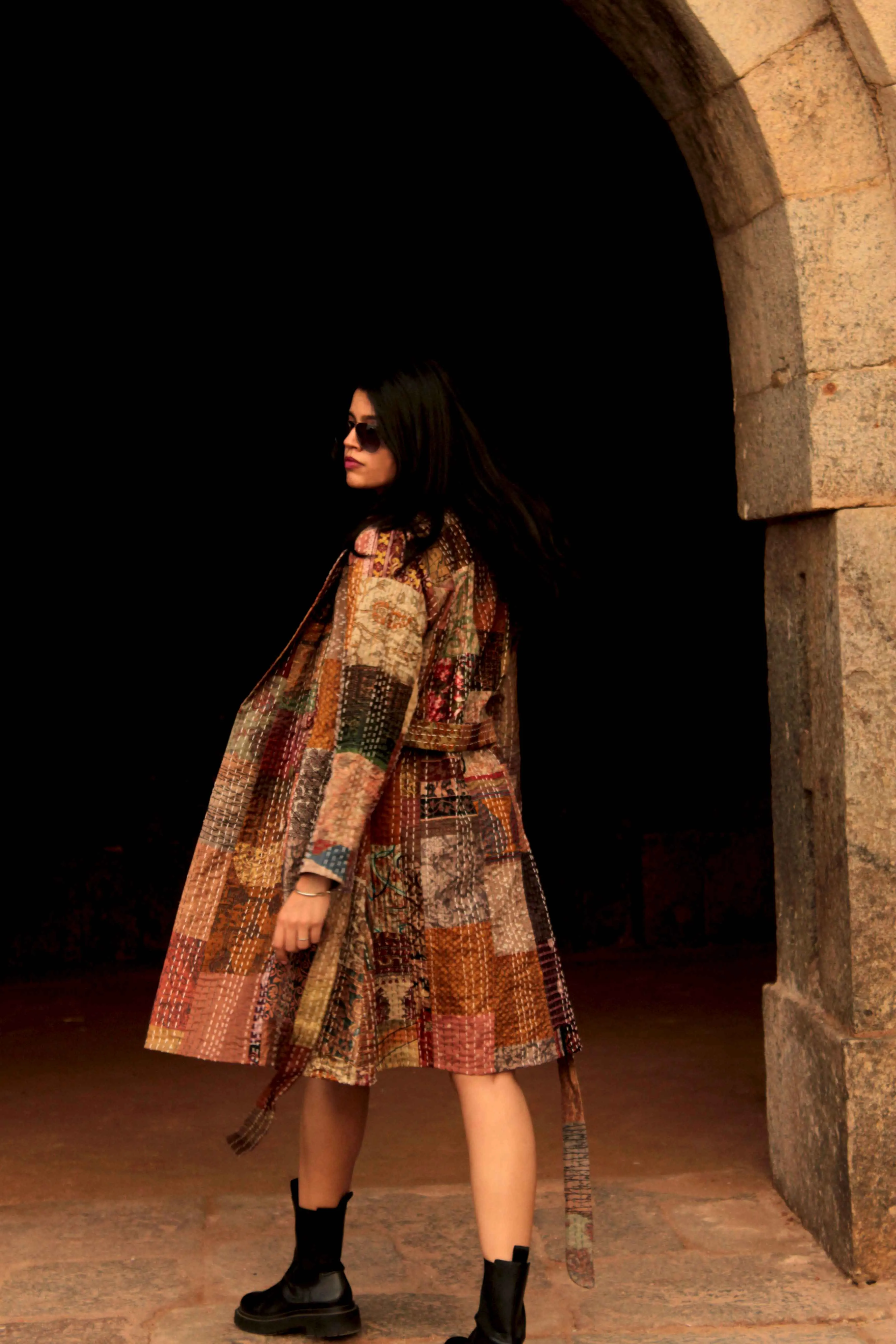 HENNESSY - BLISSFUL BEIGE PATOLA SILK PATCHWORK KANTHA TRENCH COAT