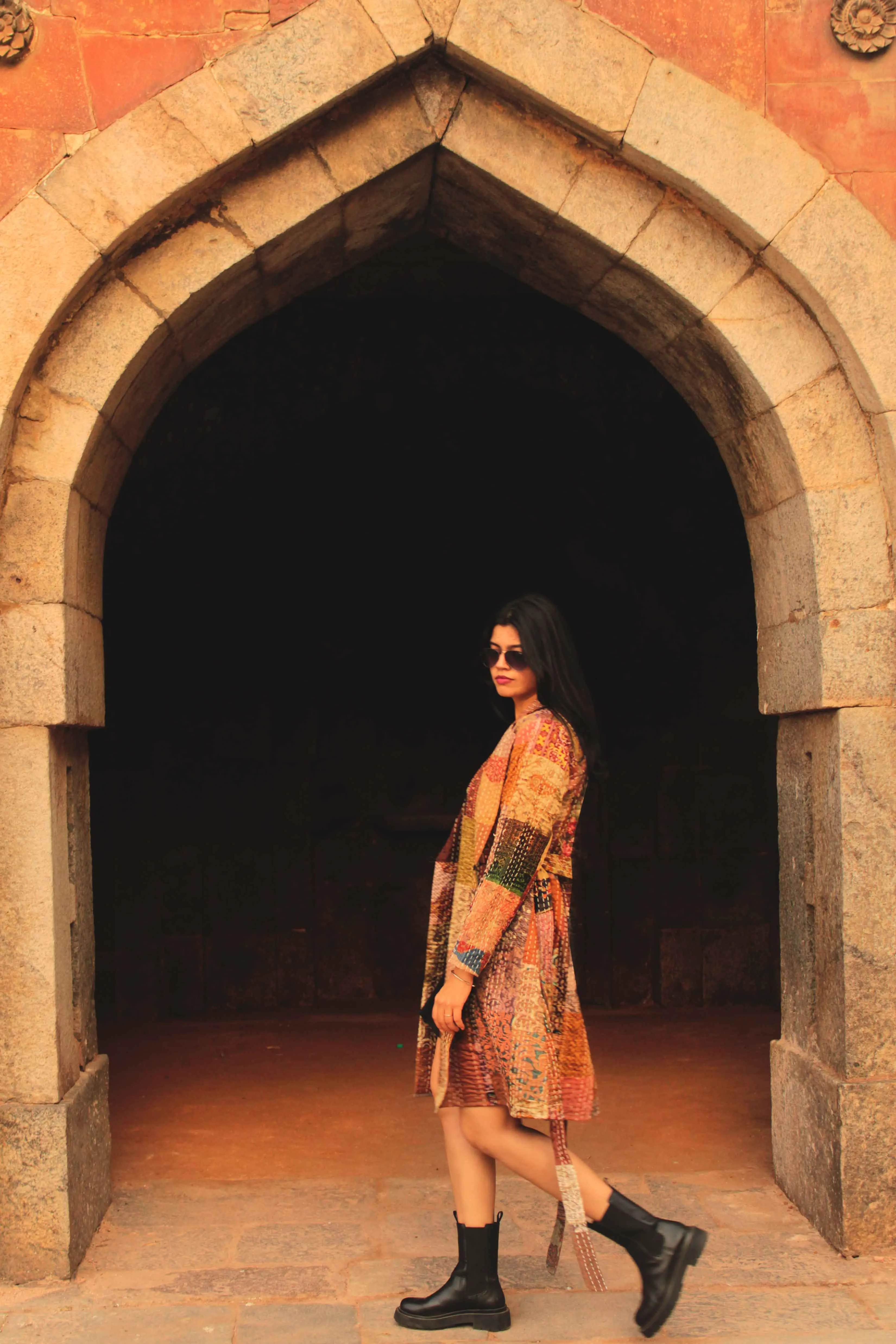 HENNESSY - BLISSFUL BEIGE PATOLA SILK PATCHWORK KANTHA TRENCH COAT