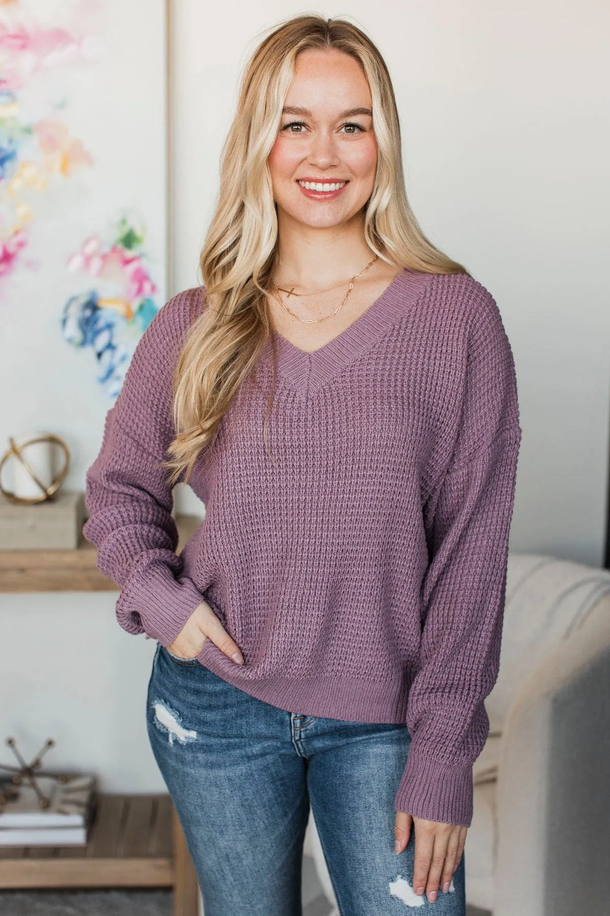 Inspiring Love V-Neck Sweater- Dusty Lavender