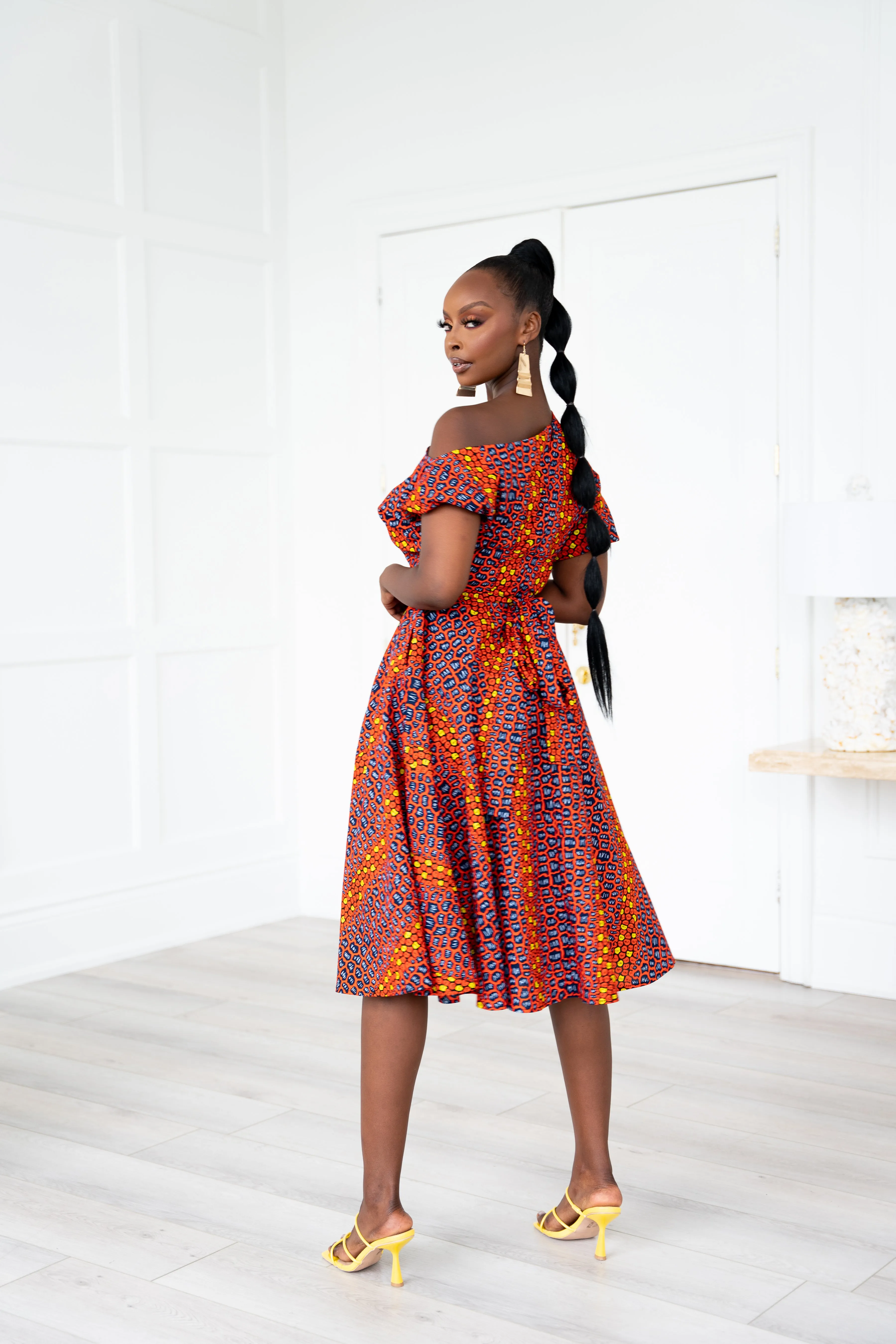 JEMIMA African Print One-shoulder Midi Dress