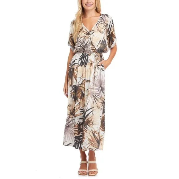 Karen Kane Cream and Brown Sundress with Dolman Sleeves and V-Neck