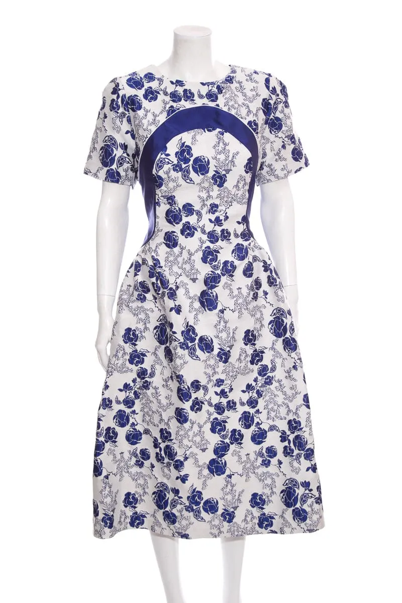 Khoon Hooi Blue & White Floral Midi Dress SZ 8 NWT