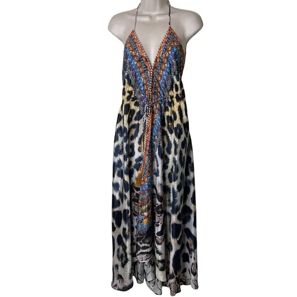 LA MODA CLOTHING Leopard Print Halterneck Coverup Maxi Dress sz S/M