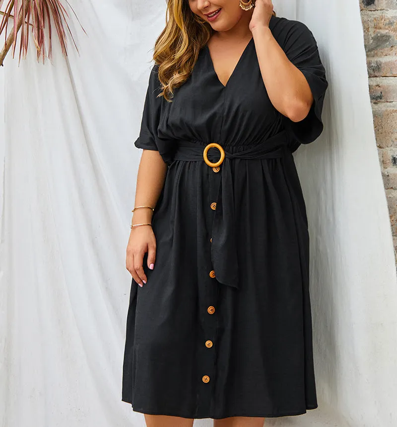 Large Size V-neck New Solid Color Sleeve Dress