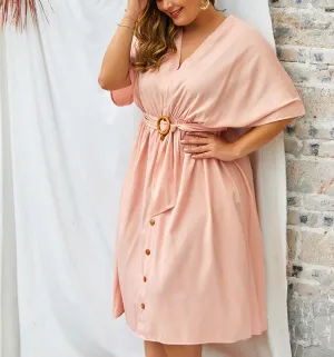 Large Size V-neck New Solid Color Sleeve Dress
