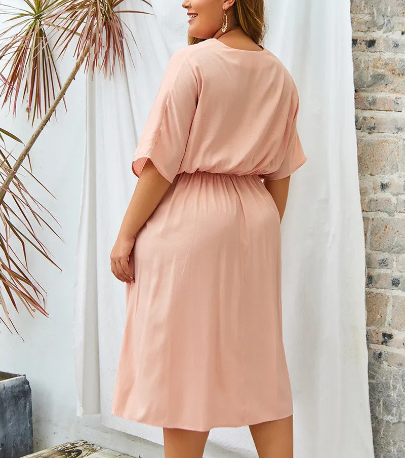 Large Size V-neck New Solid Color Sleeve Dress