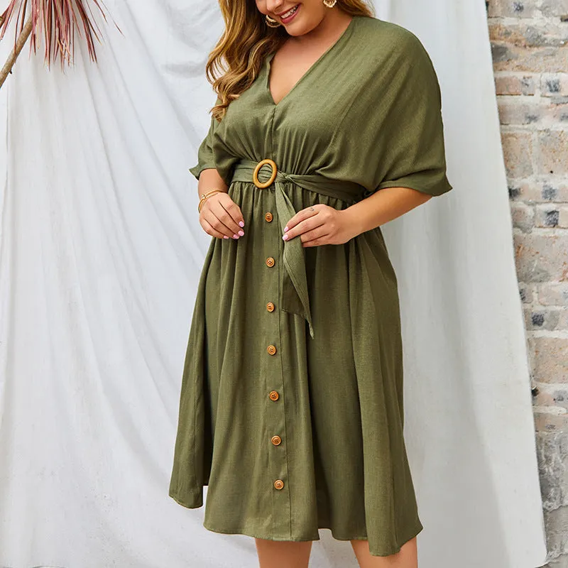 Large Size V-neck New Solid Color Sleeve Dress