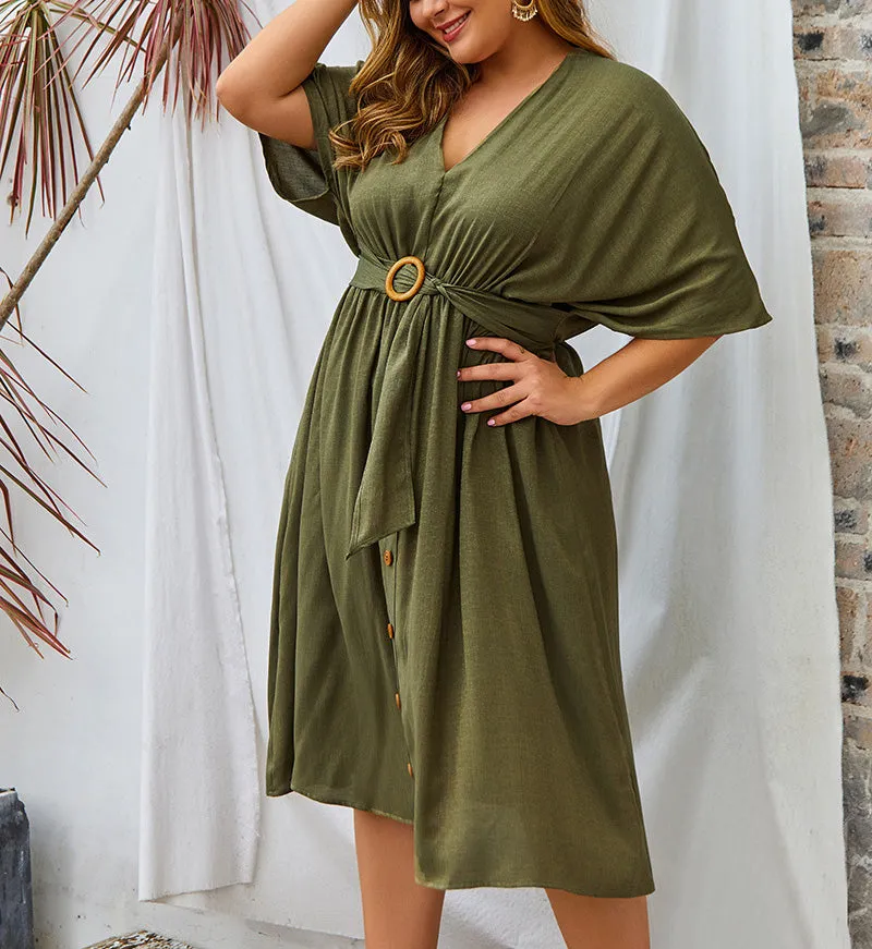 Large Size V-neck New Solid Color Sleeve Dress