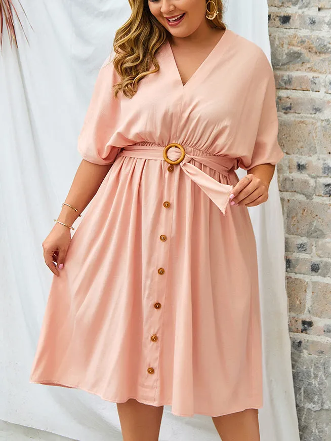 Large Size V-neck New Solid Color Sleeve Dress