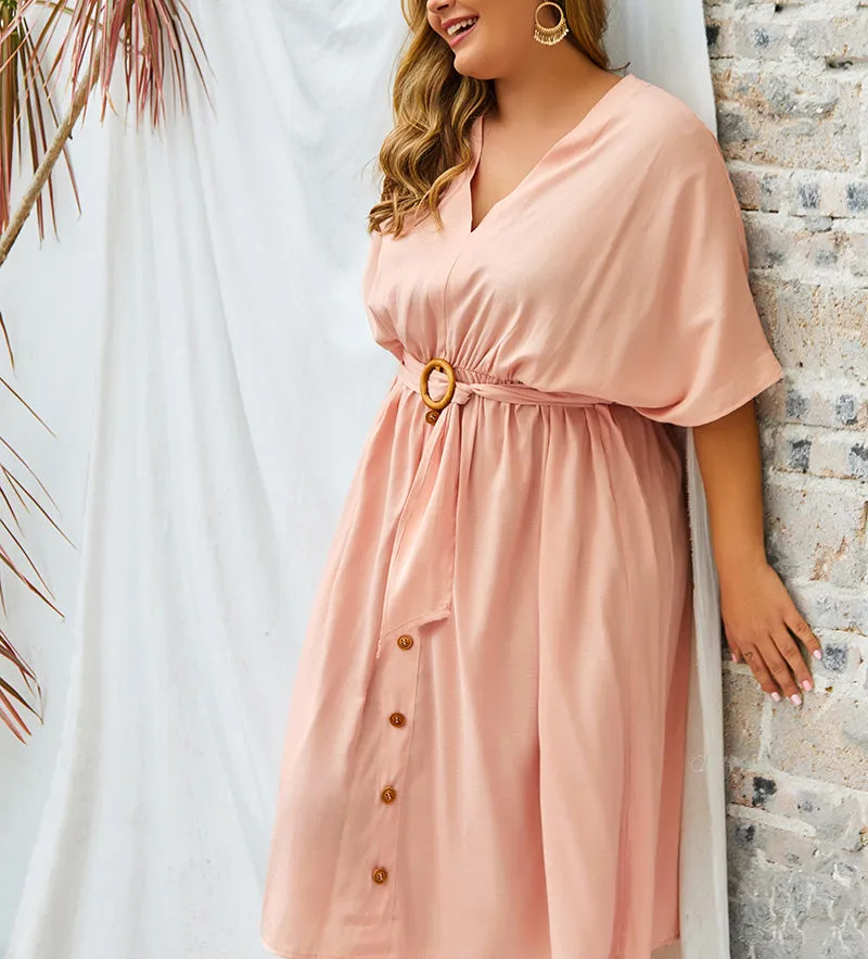 Large Size V-neck New Solid Color Sleeve Dress