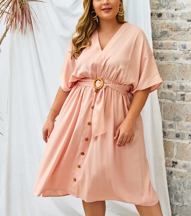 Large Size V-neck New Solid Color Sleeve Dress