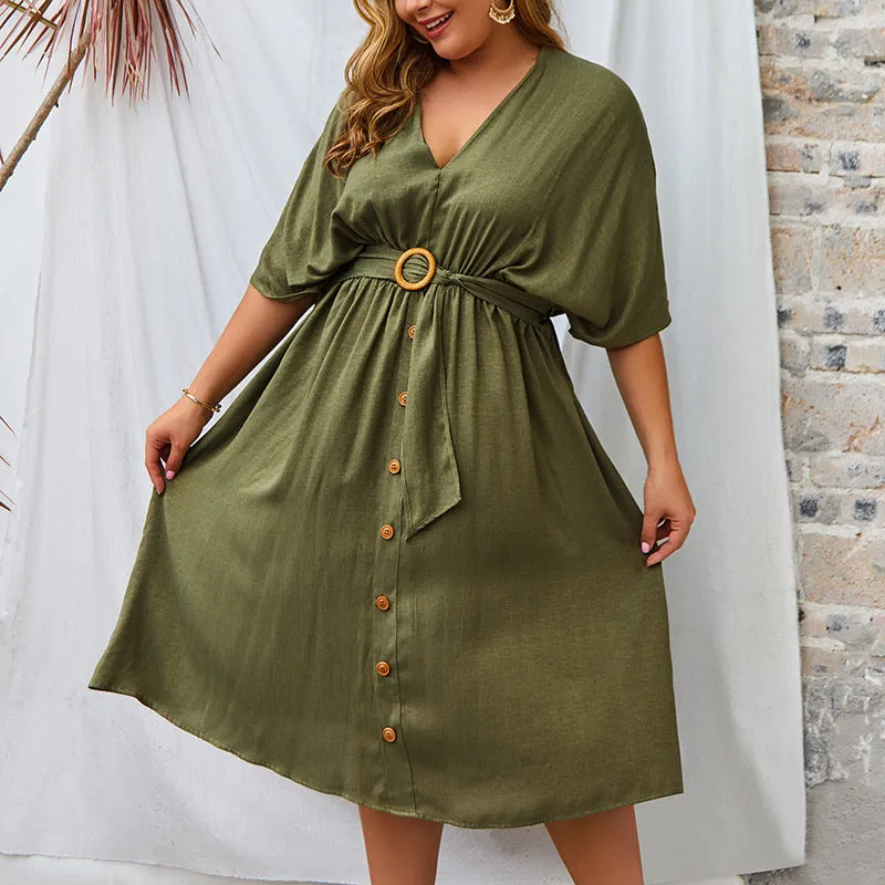 Large Size V-neck New Solid Color Sleeve Dress