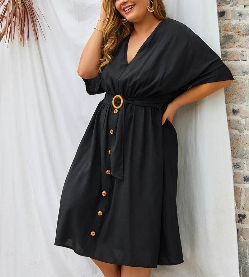 Large Size V-neck New Solid Color Sleeve Dress