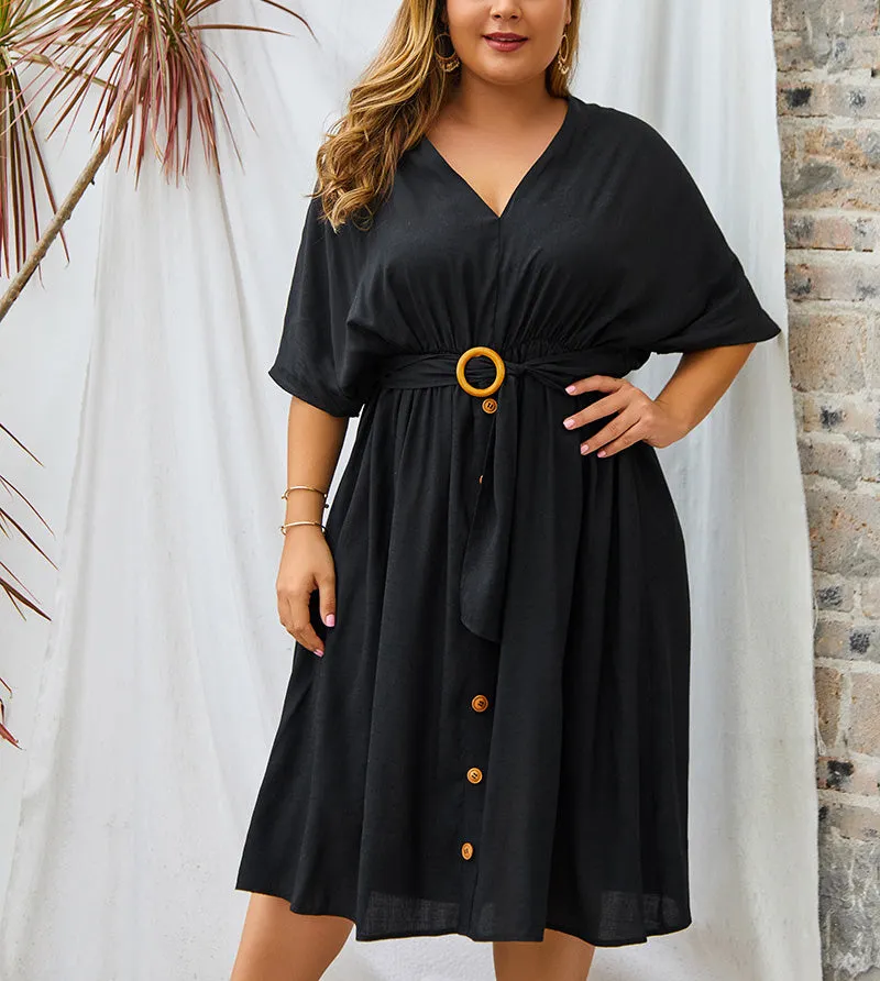 Large Size V-neck New Solid Color Sleeve Dress