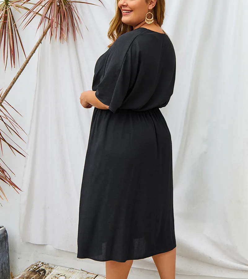 Large Size V-neck New Solid Color Sleeve Dress