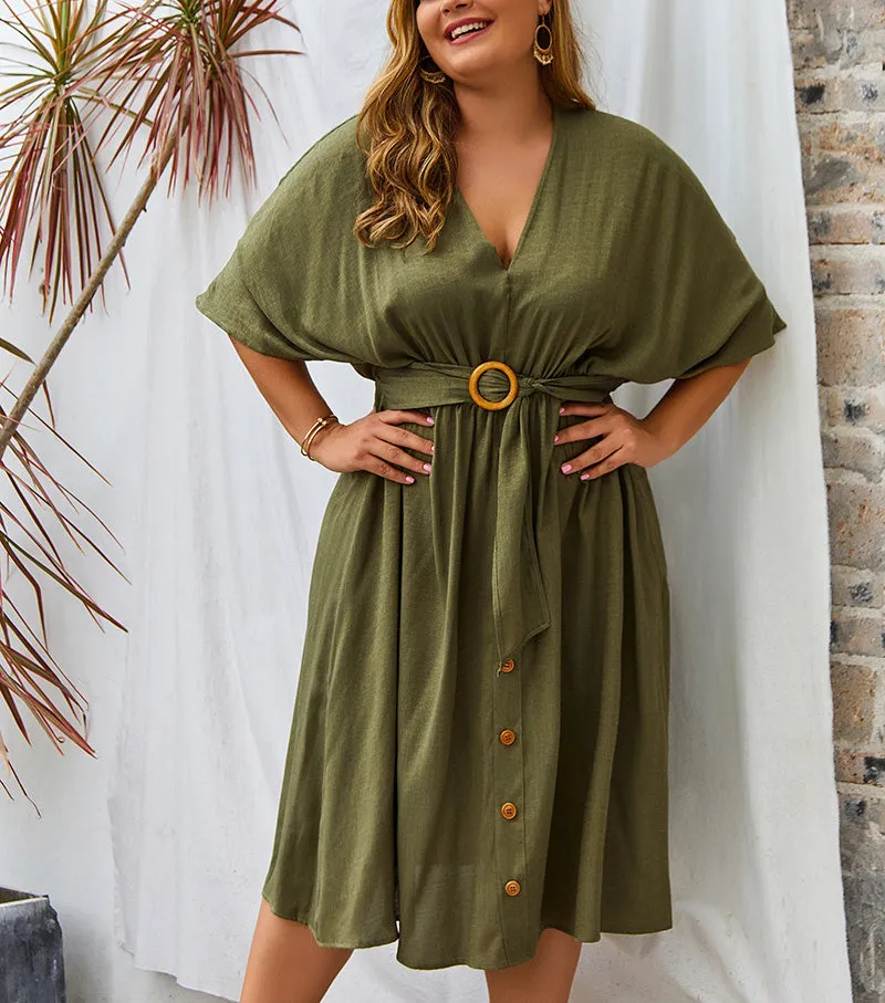 Large Size V-neck New Solid Color Sleeve Dress