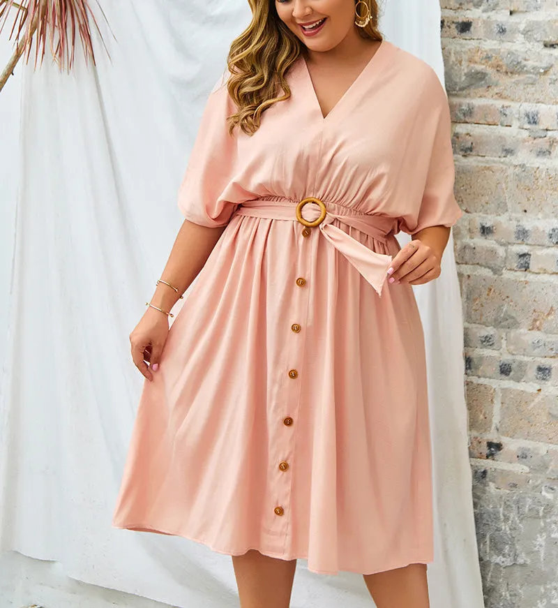 Large Size V-neck New Solid Color Sleeve Dress