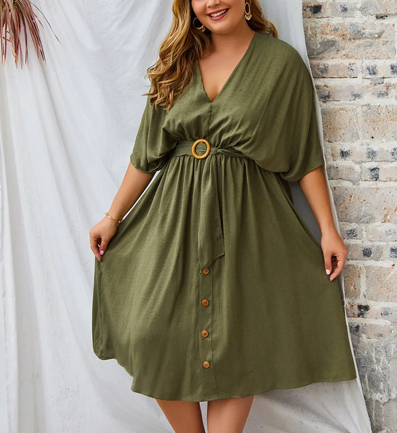 Large Size V-neck New Solid Color Sleeve Dress