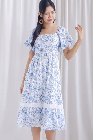 Laurice Porelain Lattice Insert Puffy Sleeve Midi Dress In White/Blue