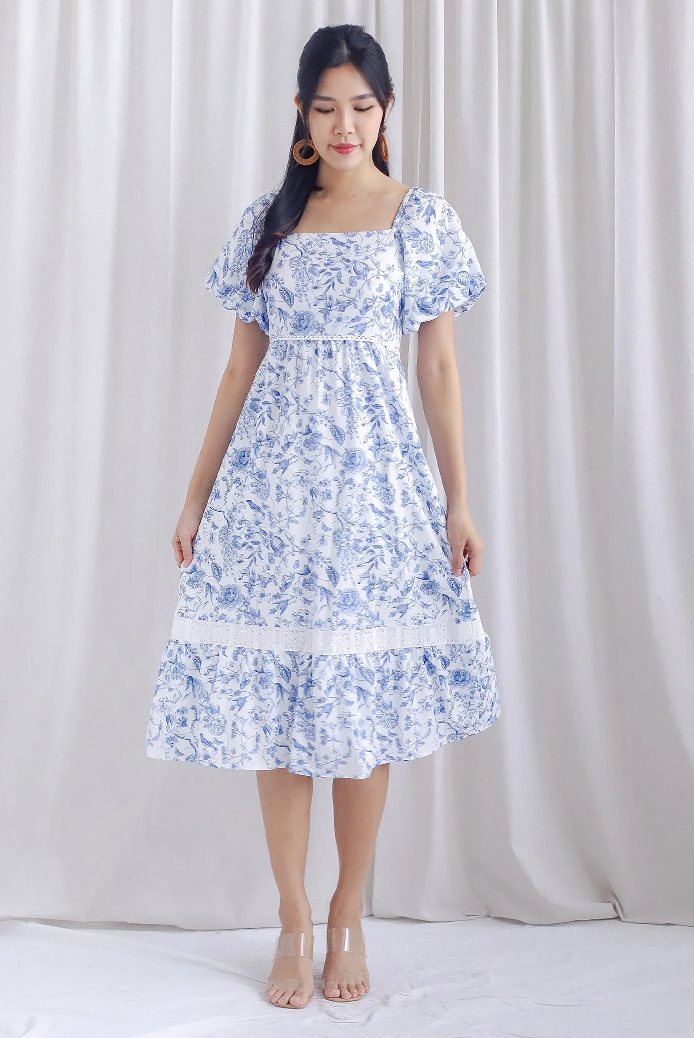 Laurice Porelain Lattice Insert Puffy Sleeve Midi Dress In White/Blue