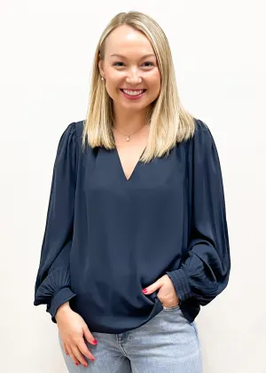LBLOX V-Neck Pleated Sleeves Blouse - Navy