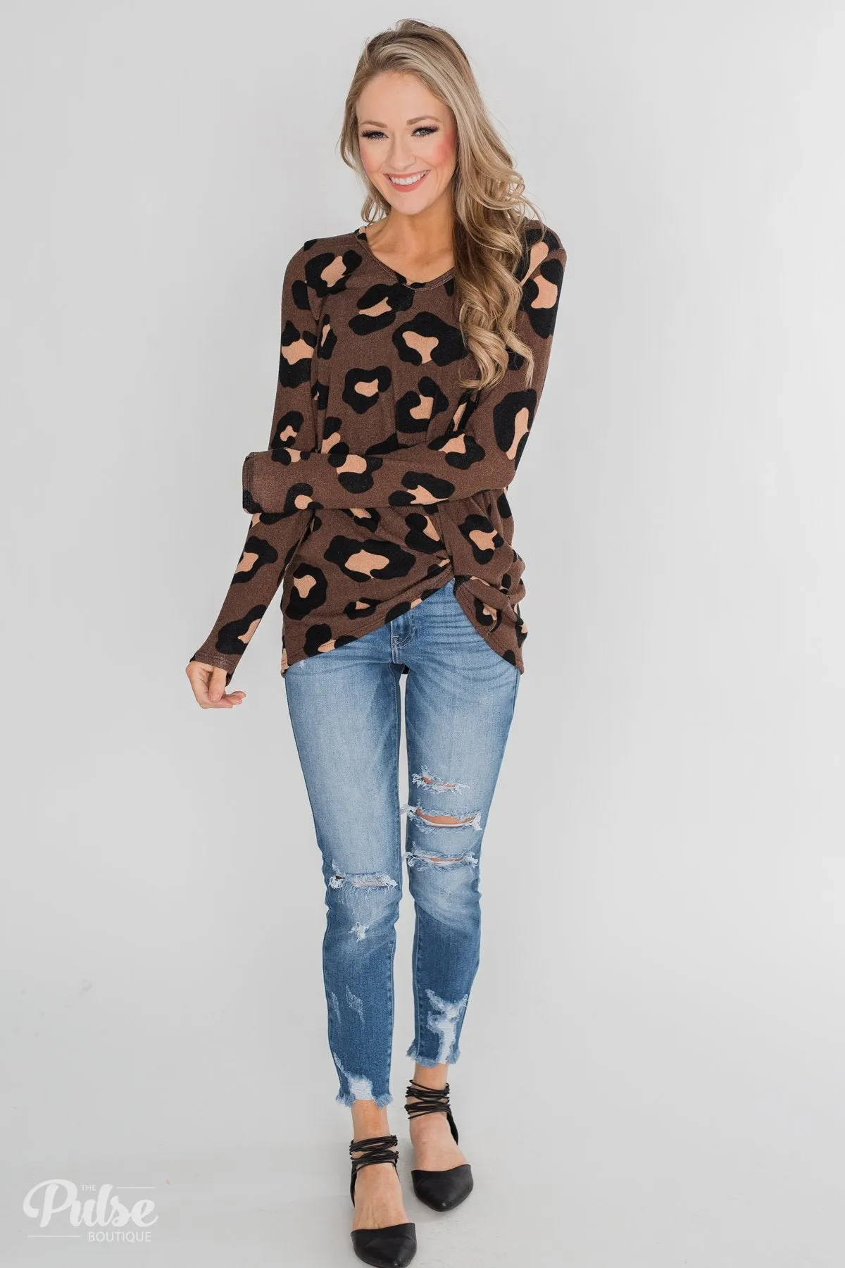 Leopard Print Long Sleeve Top- Brown