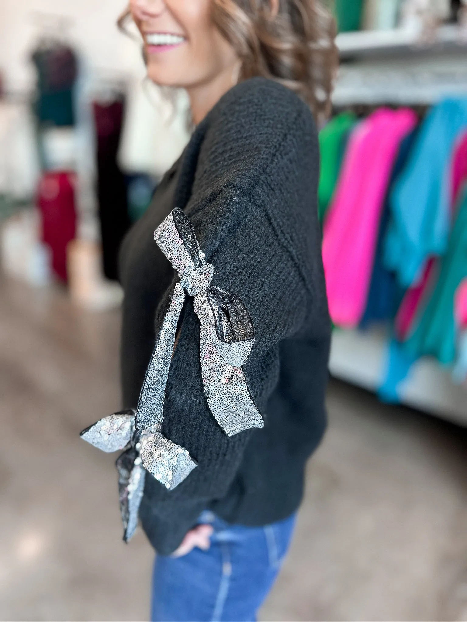 Let It Shine Sequin Bow Sweater