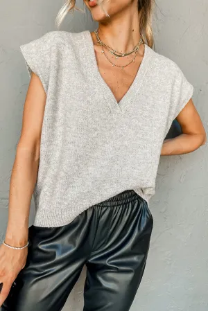 Light Grey Cap Sleeve V Neck Knitted Sweater Top