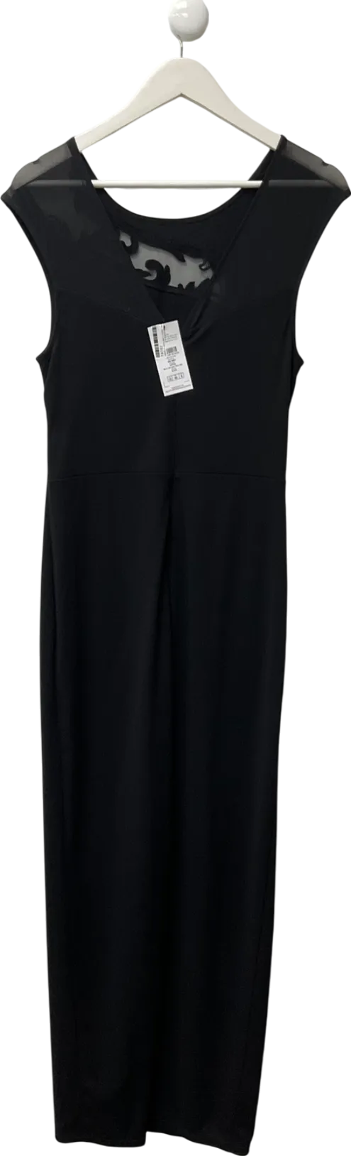 lipsy Black Lace Mesh Runched Maxi Dress UK 12