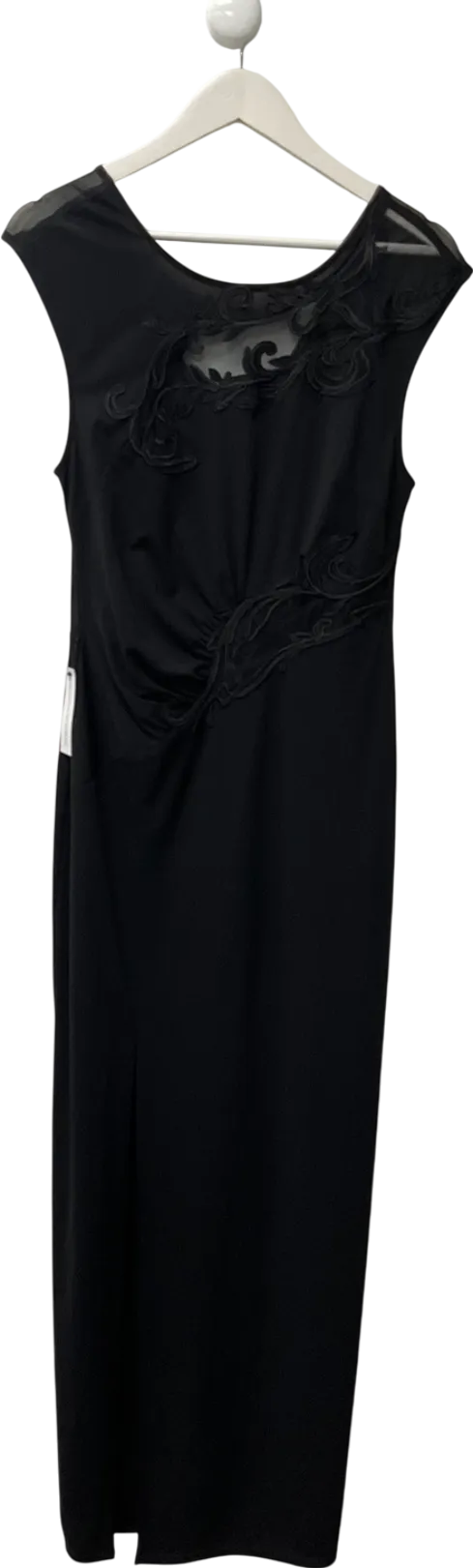lipsy Black Lace Mesh Runched Maxi Dress UK 12