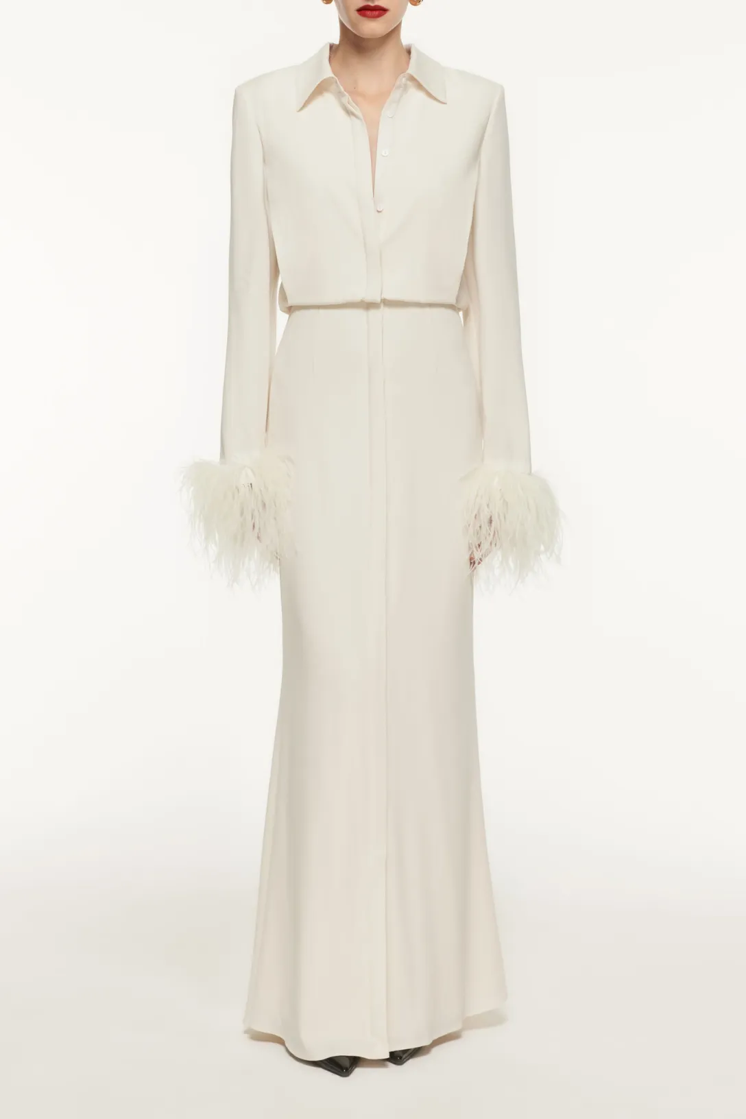 Long Sleeve Satin Crepe Shirt Maxi Dress | Cream