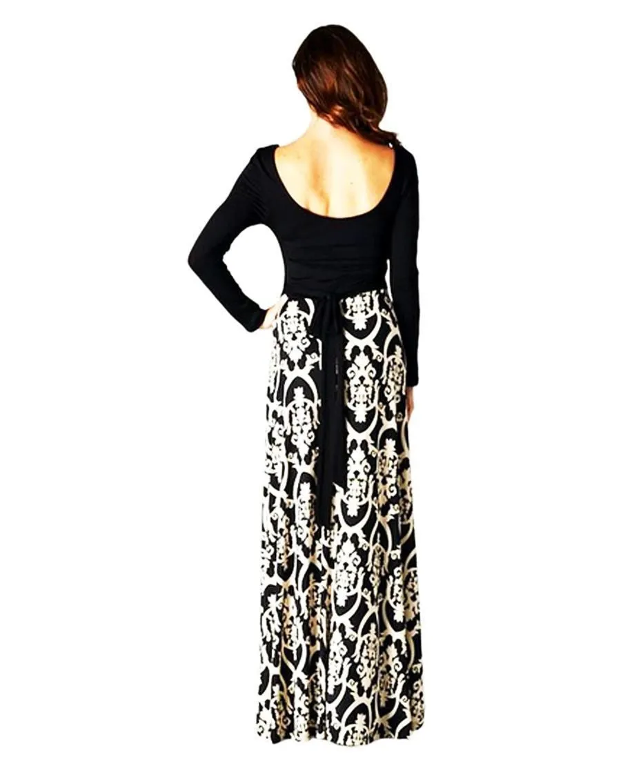 Long Sleeve Scoop Neck Black Minimalist Baroque Style Maxi Dress