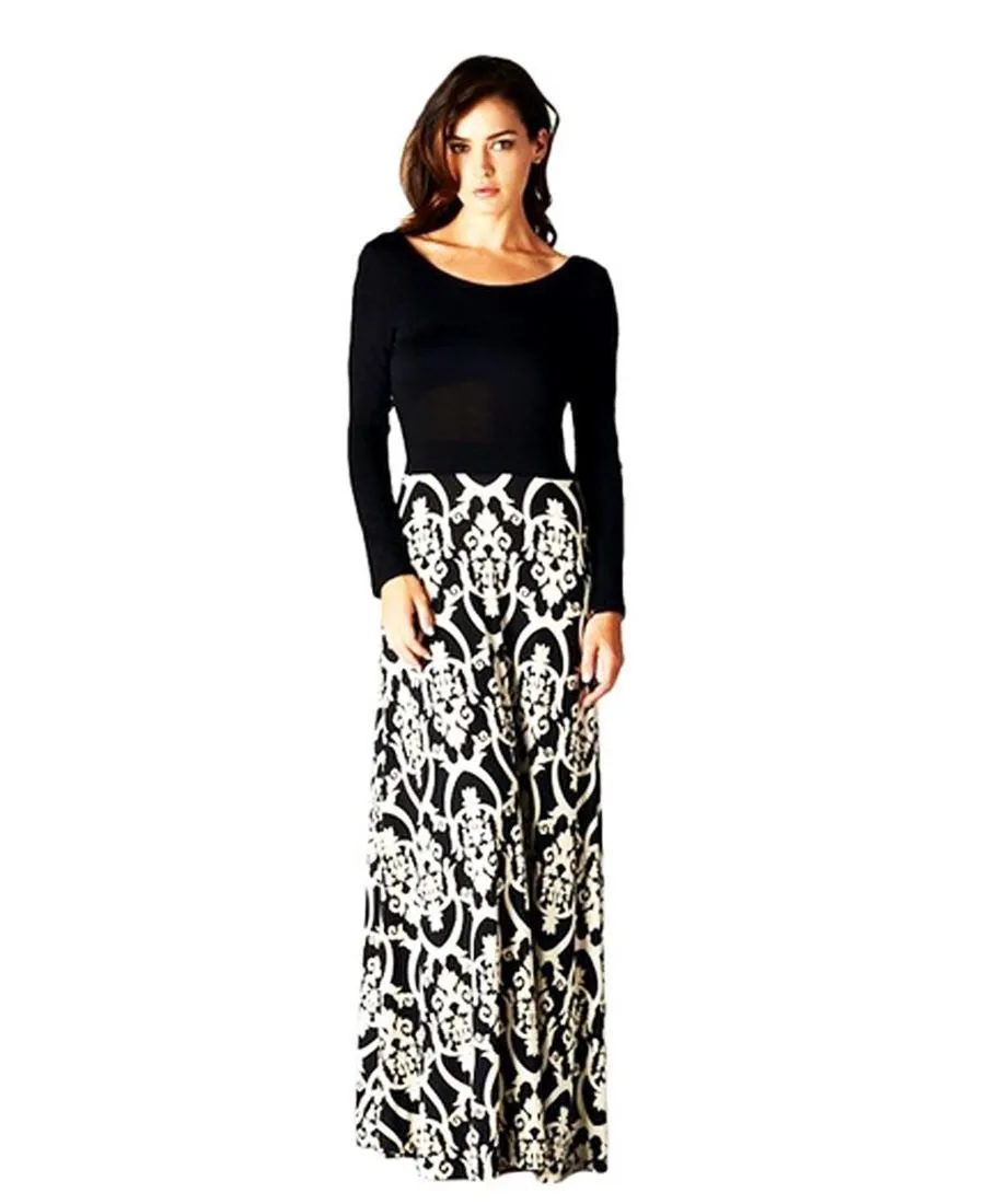 Long Sleeve Scoop Neck Black Minimalist Baroque Style Maxi Dress