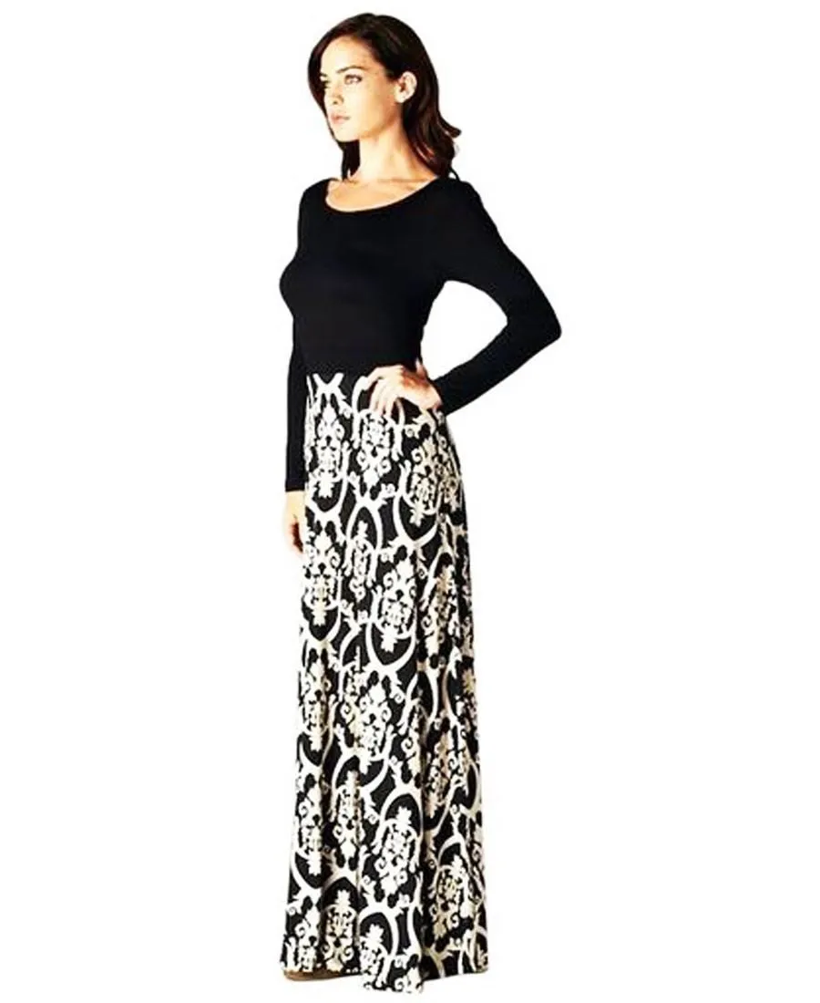 Long Sleeve Scoop Neck Black Minimalist Baroque Style Maxi Dress