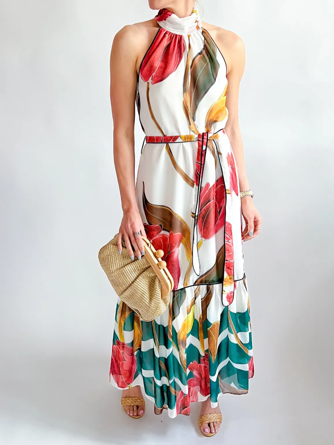 Maisy Neck Tie Printed Tiered Maxi Dress