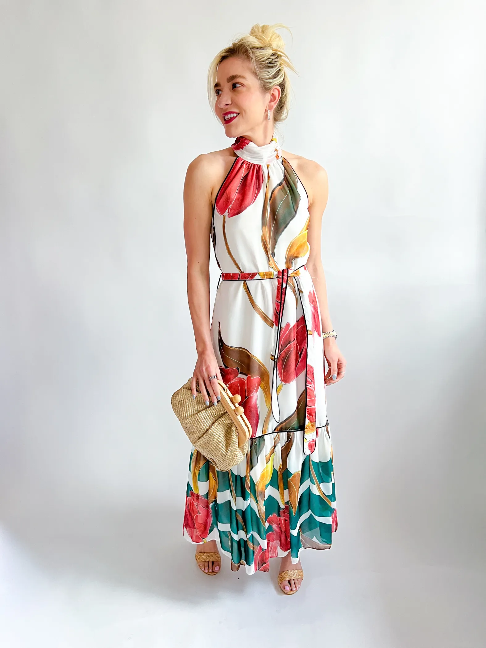 Maisy Neck Tie Printed Tiered Maxi Dress