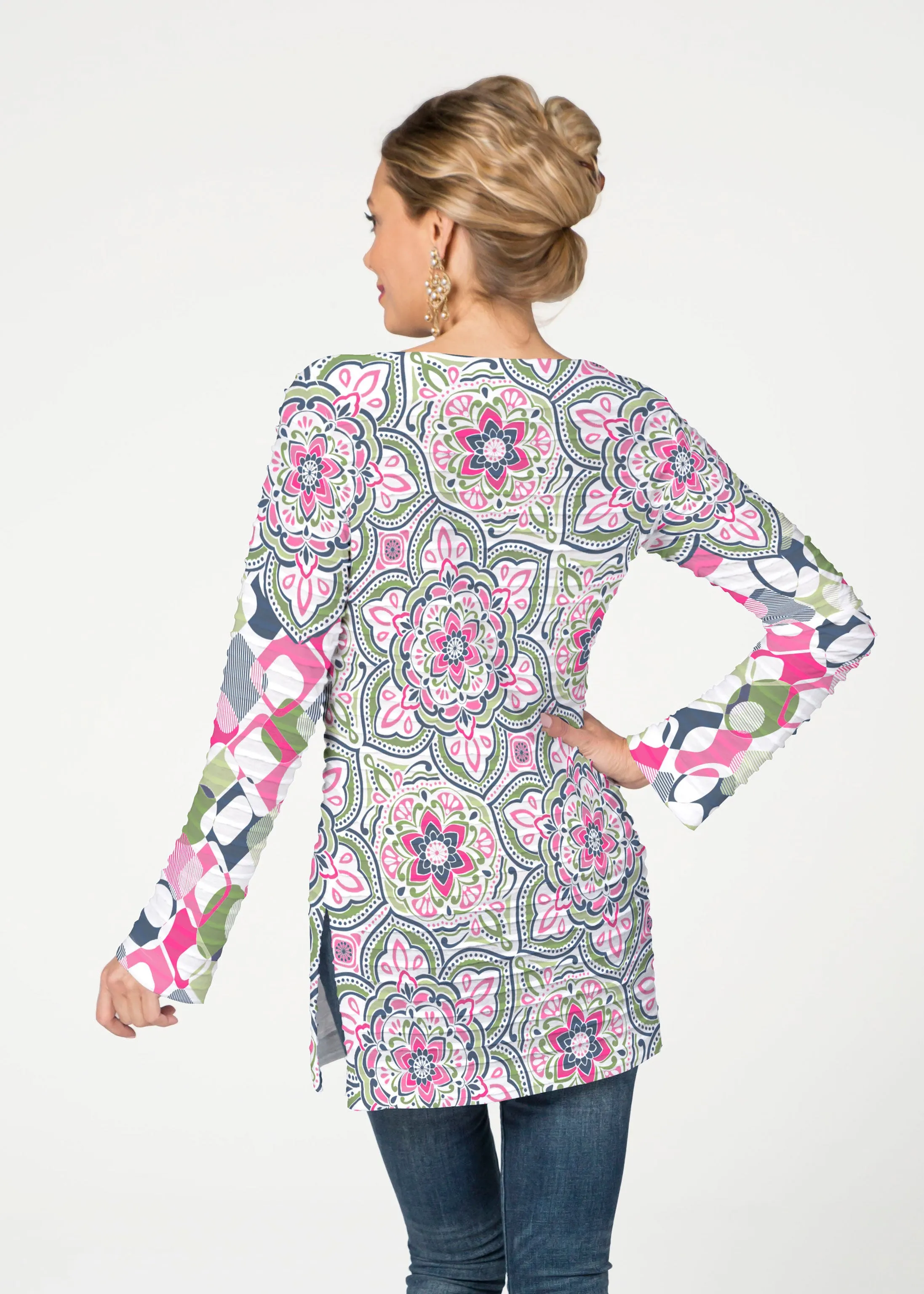 Mandala Geo Blue  (13503) ~ Banded Boat Neck Tunic