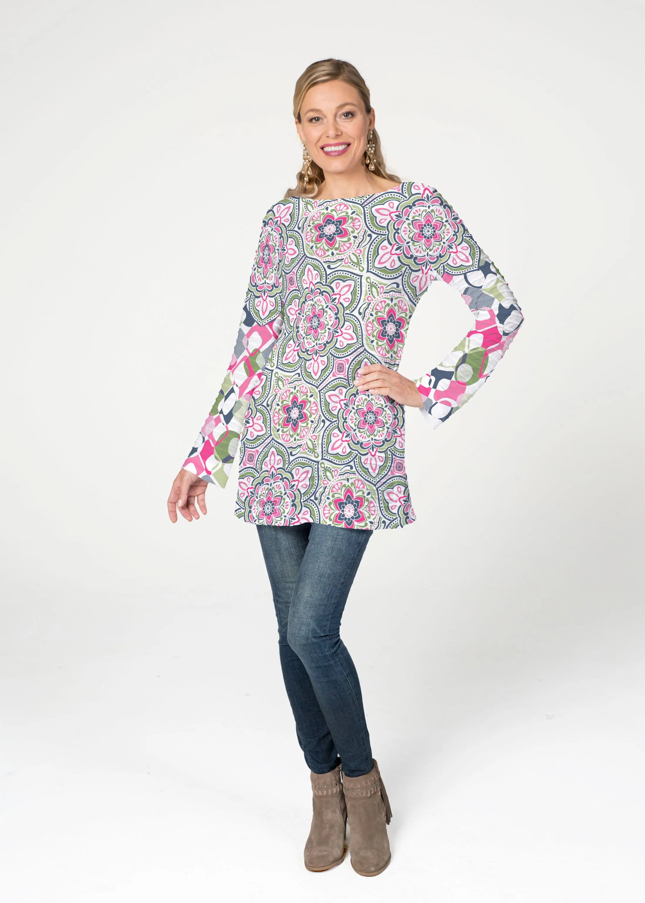 Mandala Geo Blue  (13503) ~ Banded Boat Neck Tunic